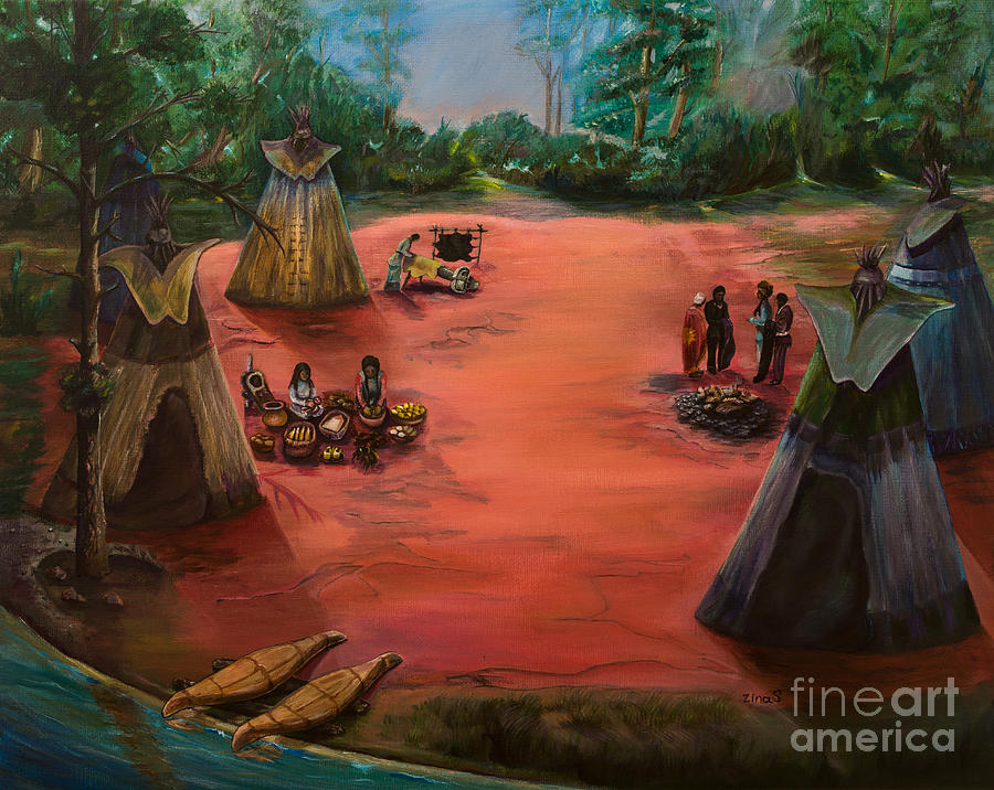 Life in an American Indian village Painting by Zina Stromberg