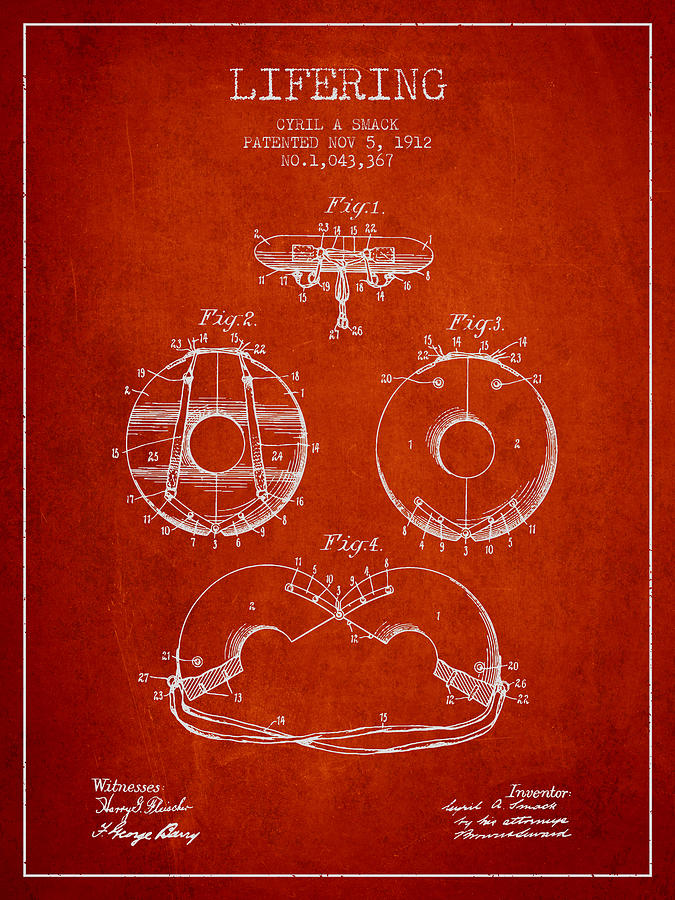 Vintage Digital Art - Life Ring Patent from 1912 - Red by Aged Pixel