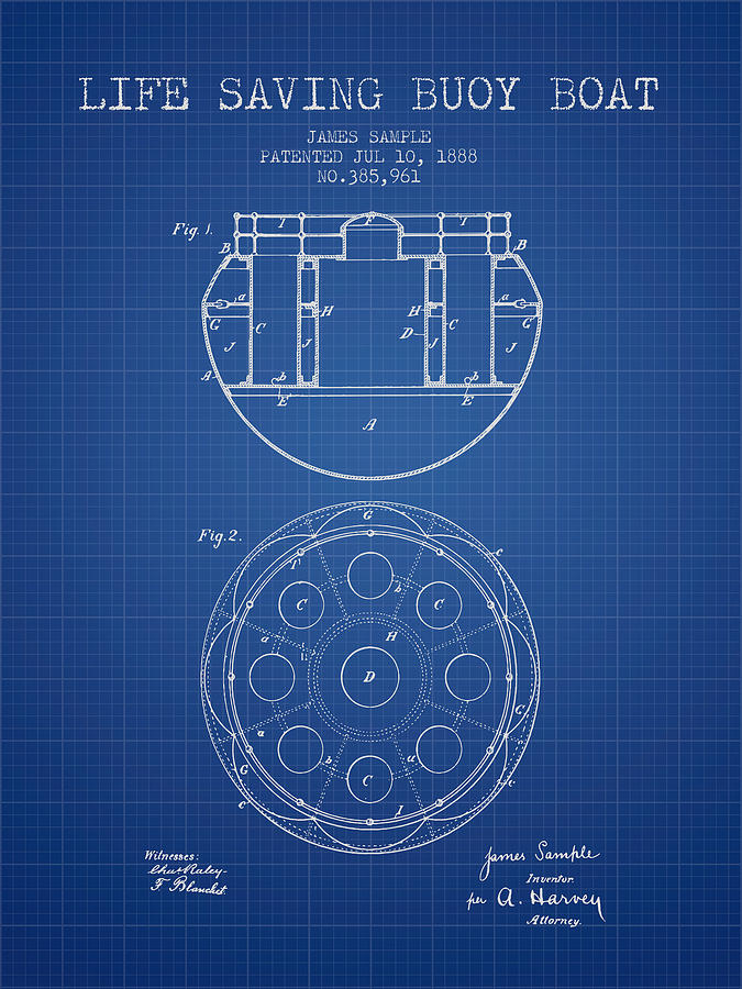Vintage Digital Art - Life Saving Buoy Boat Patent from 1888 - Blueprint by Aged Pixel