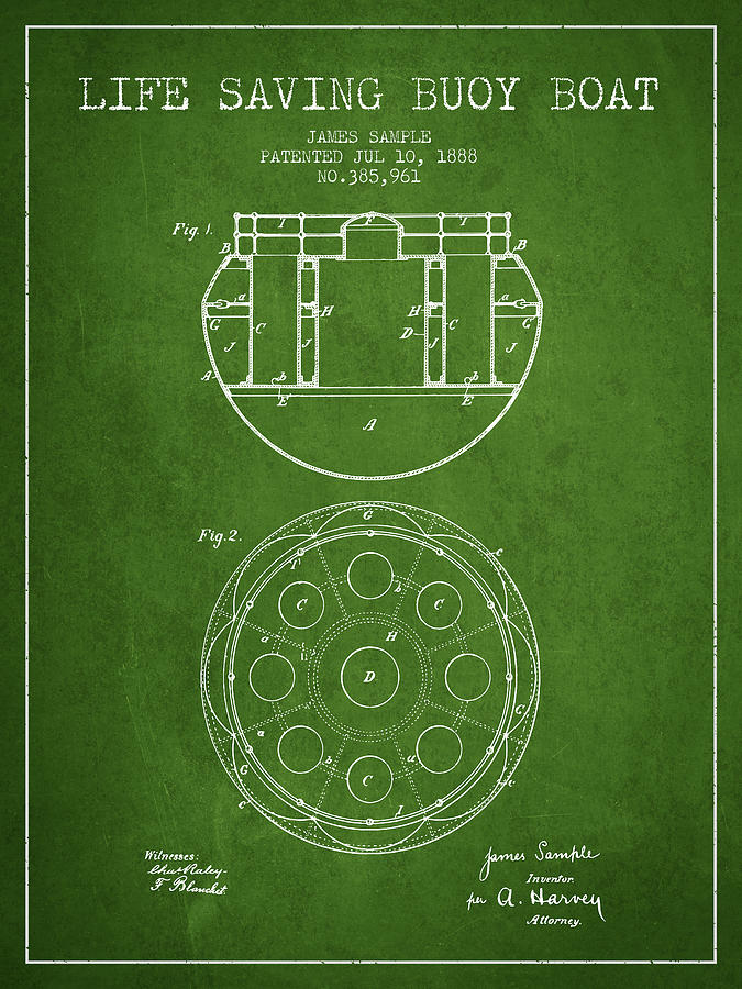 Vintage Digital Art - Life Saving Buoy Boat Patent from 1888 - Green by Aged Pixel