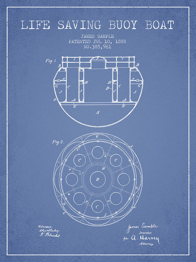 Vintage Digital Art - Life Saving Buoy Boat Patent from 1888 - Light Blue by Aged Pixel