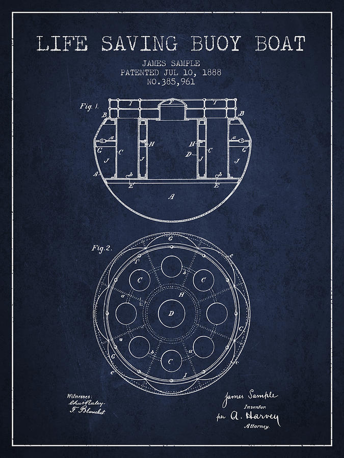 Vintage Digital Art - Life Saving Buoy Boat Patent from 1888 - Navy Blue by Aged Pixel