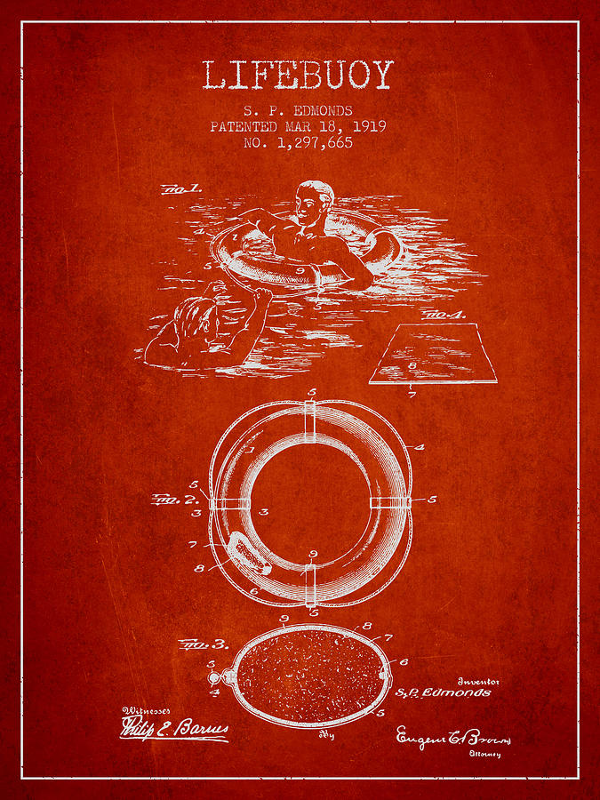 Vintage Digital Art - Lifebuoy Patent from 1919 - Red by Aged Pixel