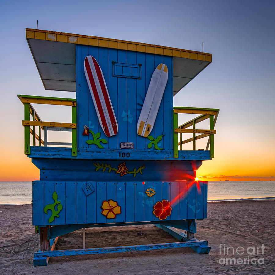 Lifeguard Tower of South Beach at Sunrise - Lummus Park - Miami Beach Florida Photograph by Silvio Ligutti