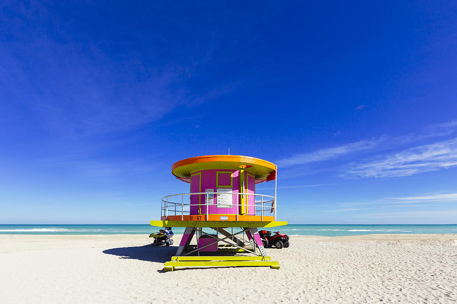 Lifeguard tower on a sunny day at empty South Beach, Miami, Florida, USA Photograph by Alexander Spatari