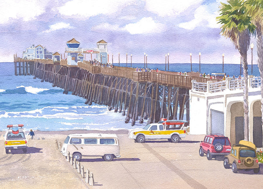 San Diego Painting - Lifeguard Trucks at Oceanside Pier by Mary Helmreich