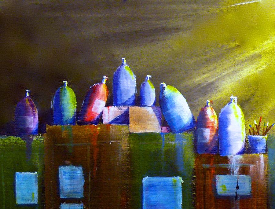 Light and Shadow on Paint Bottles Painting by Vic Delnore