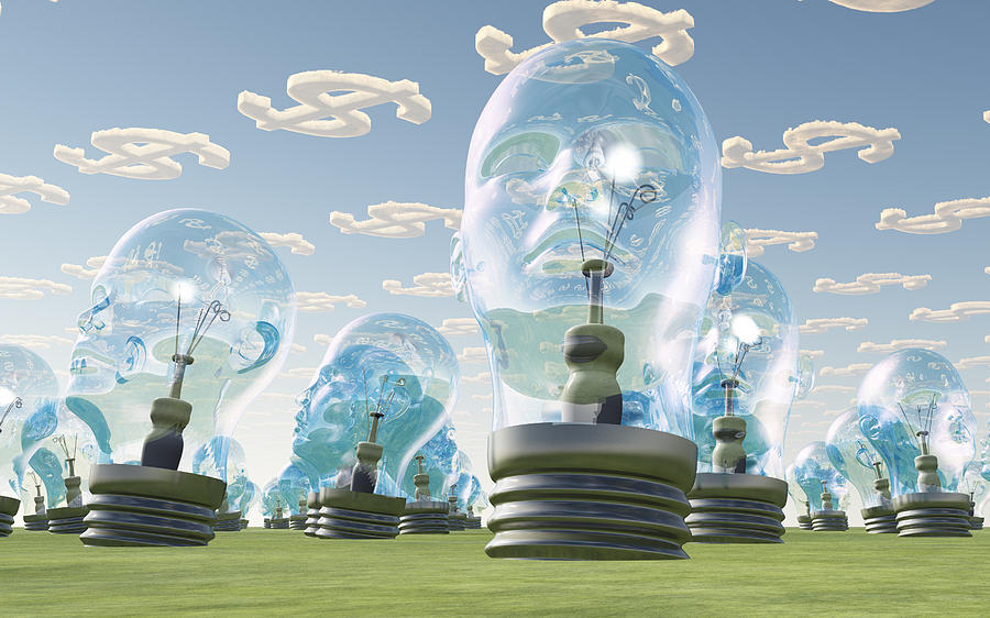 Light Bulb heads and dollar symbol clouds Digital Art by Bruce Rolff