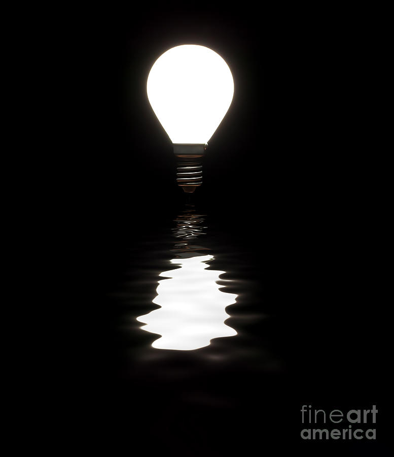Light bulb shining with reflection in water on black Photograph by Simon Bratt