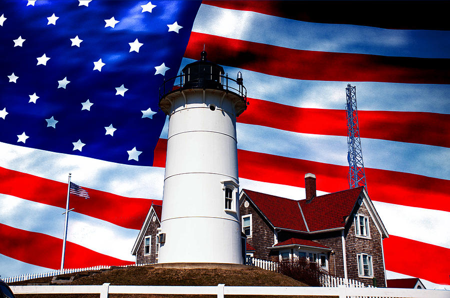 Nobska Lighthouse on American flag Photograph by Jeff Folger
