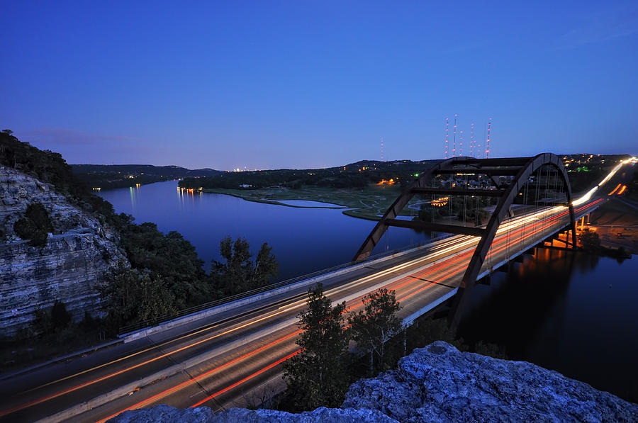 Bridge Photograph - Light Trails at Pennybacker Bridge by Kevin Pate