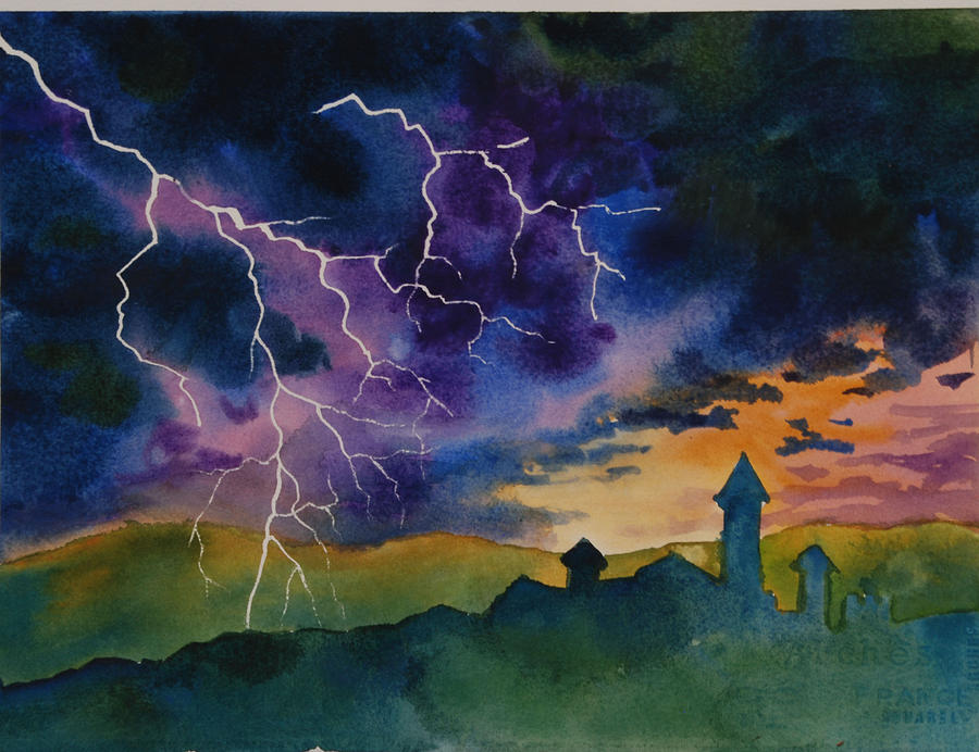 Lightening with castle Painting by Heidi E Nelson