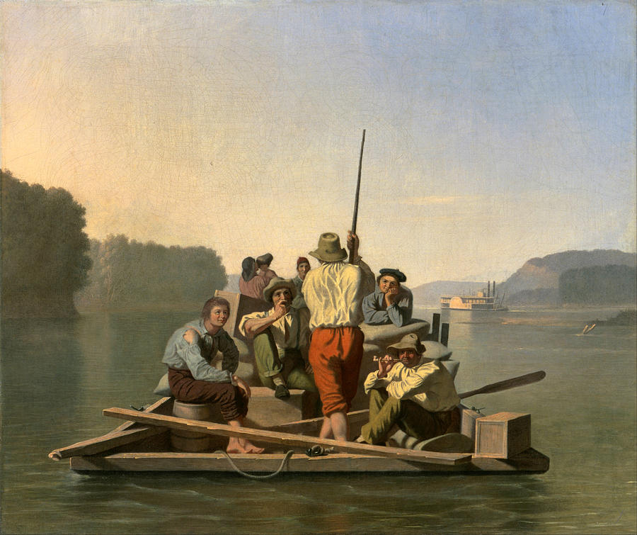 Lighter Relieving a Steamboat Aground Painting by George Caleb Bingham