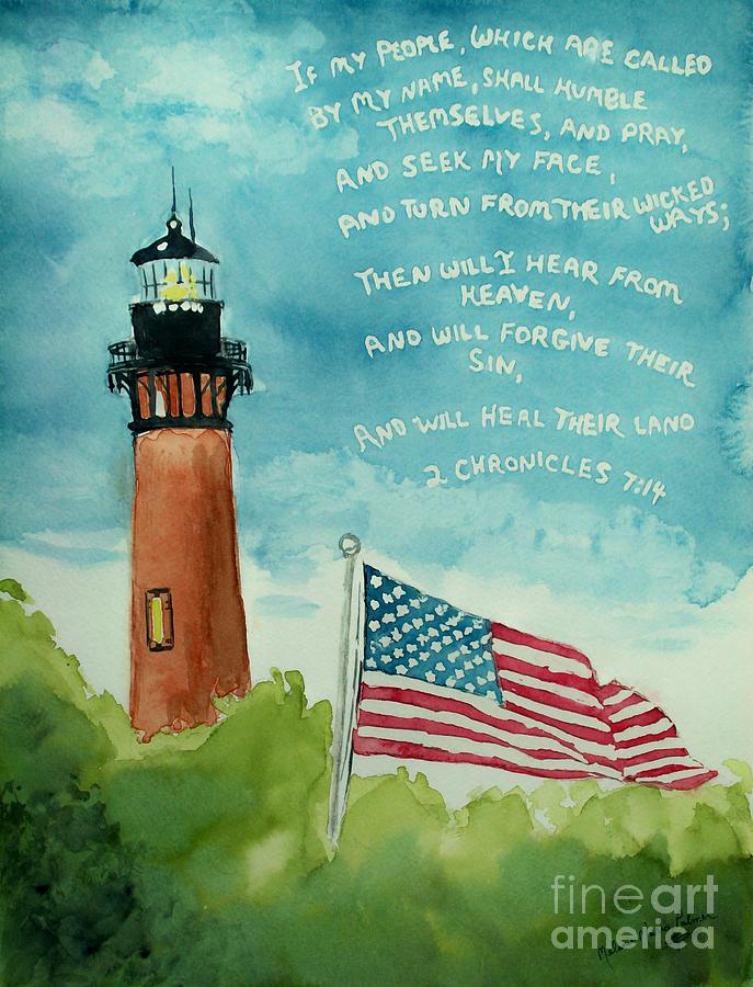 Tree Painting - Lighthouse Americana with Scripture by Melanie Palmer
