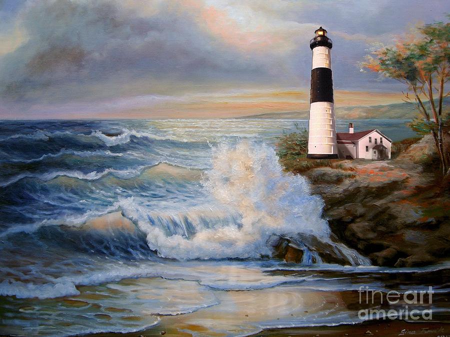 Big Sable Point Lighthouse with crashing waves  Painting by Regina Femrite