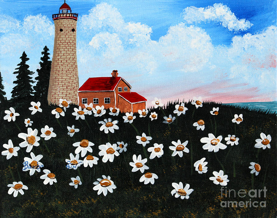 Lighthouse and Daisies Painting by Barbara A Griffin