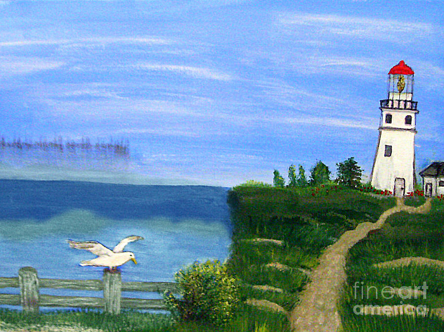 Lighthouse and seagull 2 Painting by Mindy Bench