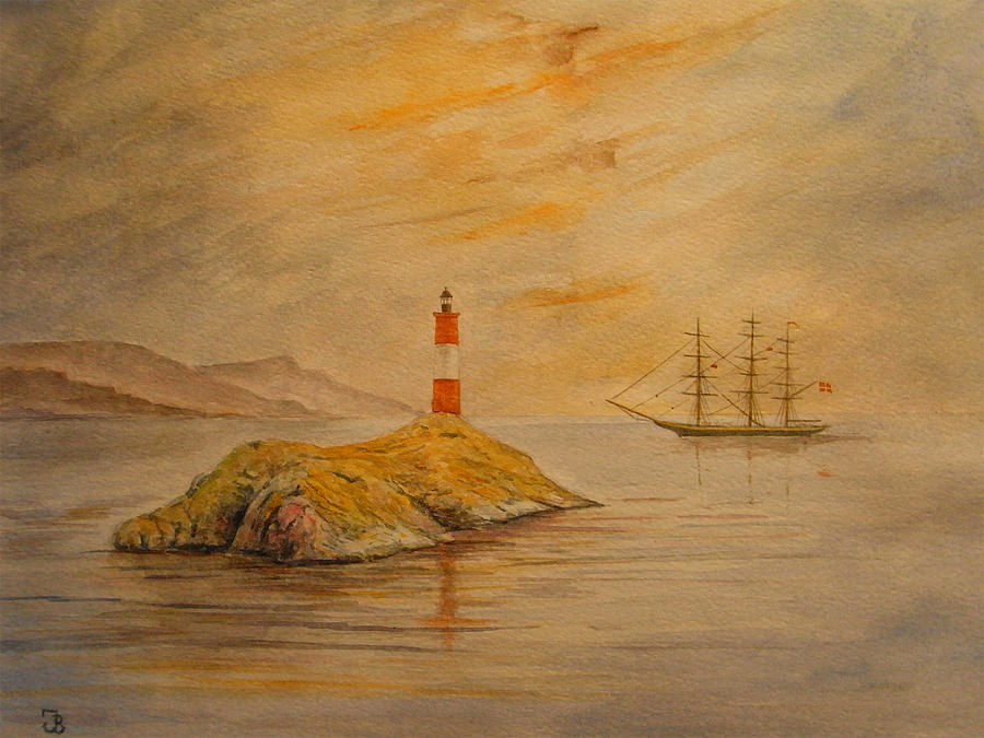 Sunset Painting - Lighthouse at Cornwall by Juan  Bosco