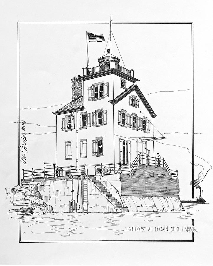 Lighthouse At Lorain Ohio Harbor Drawing by Ira Shander