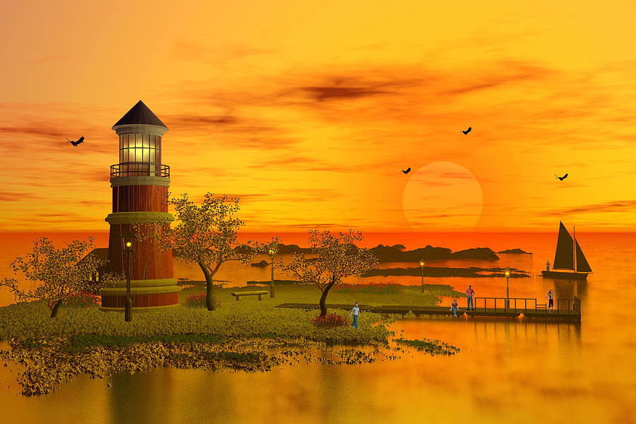 Lighthouse Digital Art - Orange Sunset by John Junek