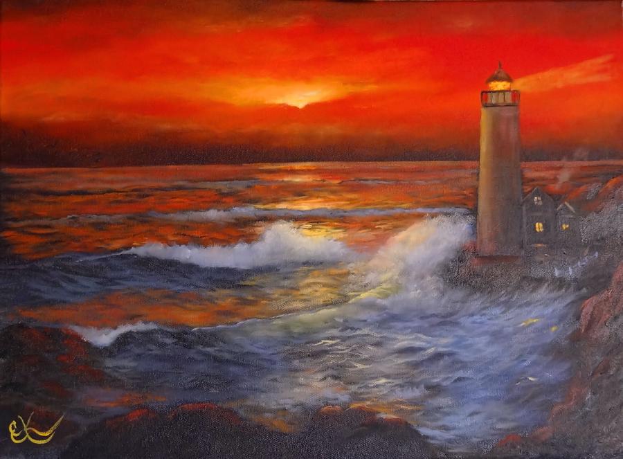 Seascape With Lighthouse Painting - Lighthouse Bearing by Fineartist Ellen