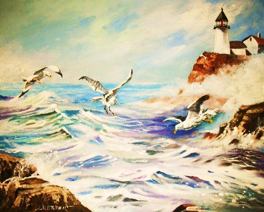 Lighthouse Gulls and Waves Painting by Al Brown