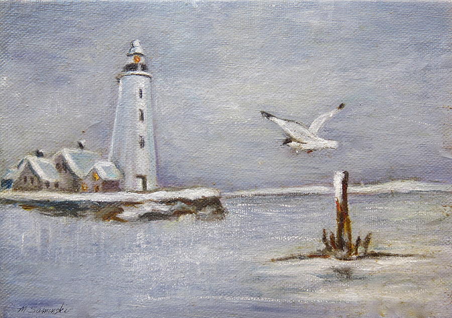 Lighthouse in Winter Painting by Melinda Saminski