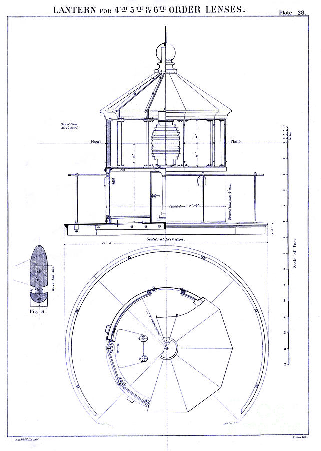 Boat Drawing - Lighthouse Lantern Lense Order Blueprint by Jon Neidert