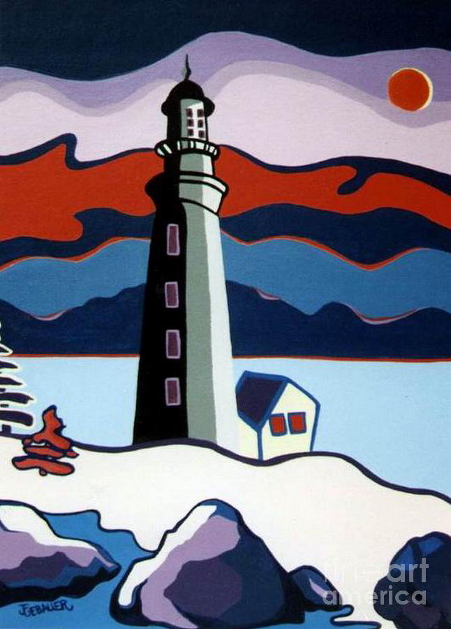 Lighthouse Red Sky Painting by Joyce Gebauer