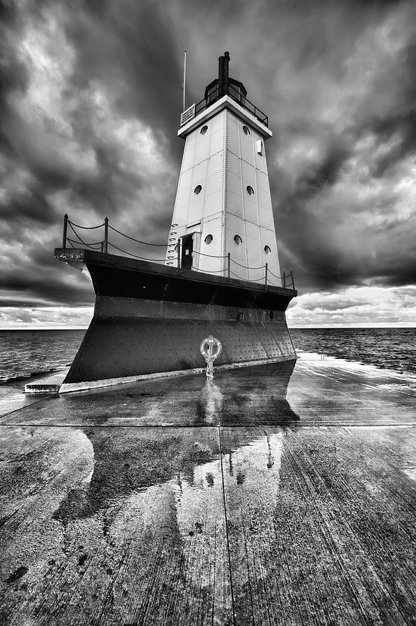 Lighthouse Reflection Black and White Photograph by Sebastian Musial