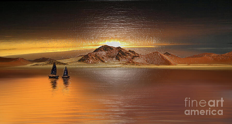 Serene Sunset Sailboats with Mountain Backdrop Digital Art by Landscape