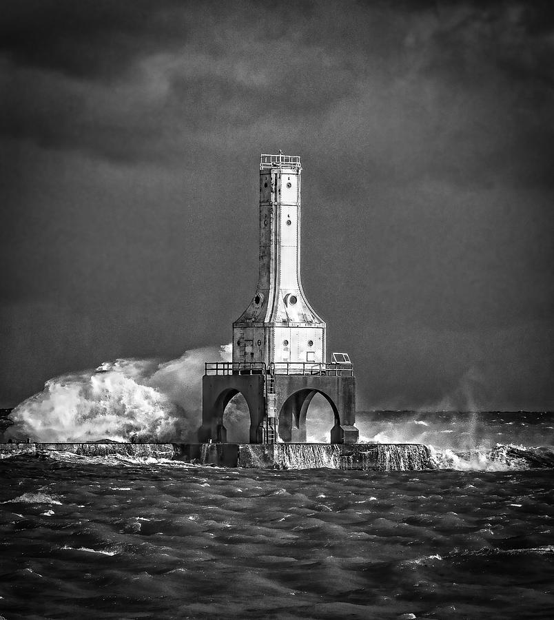 Lighthouse Wave BW Photograph by Jeffrey Ewig