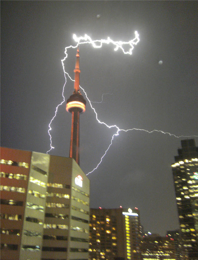 Nature Photograph - Lightning Hits CN Tower by Ken Branch