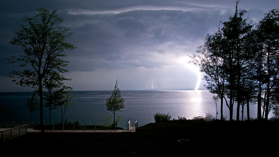 Lightning on Lake Michigan at Night Photograph by Mary Lee Dereske