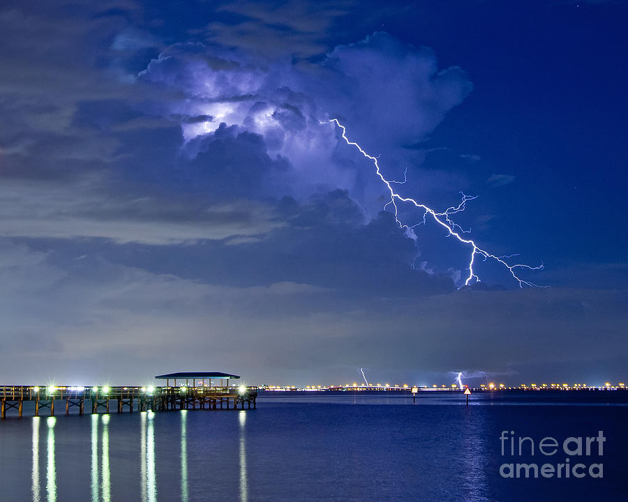 Pier Photograph - Lightning over Safety Harbor Pier by Stephen Whalen