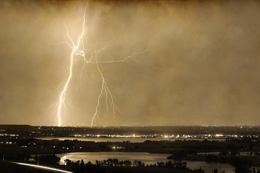Lightning Strike Boulder Reservoir and Coot Lake Sepia 2 Photograph by James BO Insogna