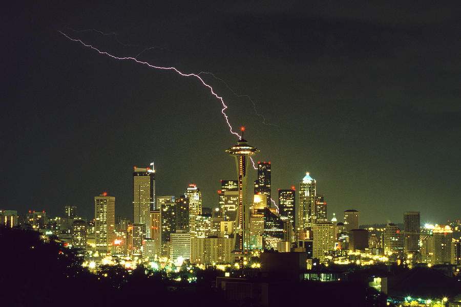 Seattle Photograph - Lightning strike in city of Seattle by King Wu