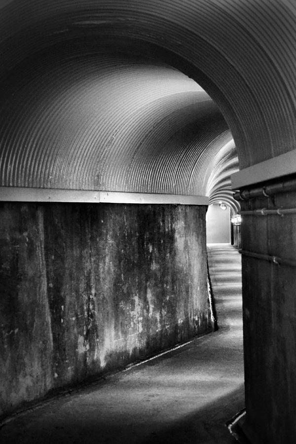 Lights at the End of the Tunnel in Black and White Photograph by Nadalyn Larsen