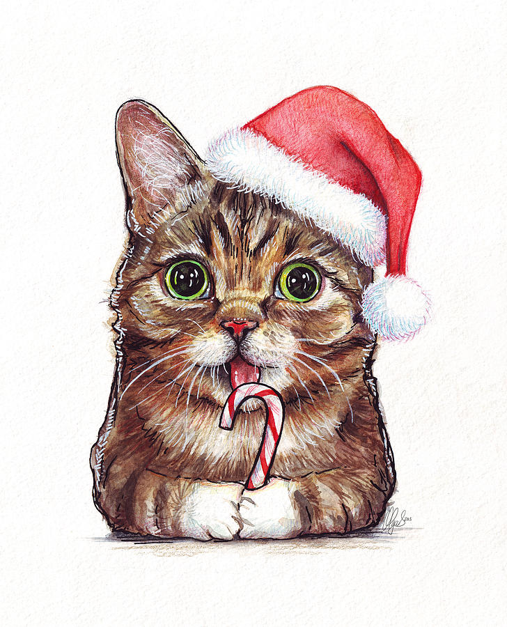 Cat Santa Christmas Animal Painting by Olga Shvartsur