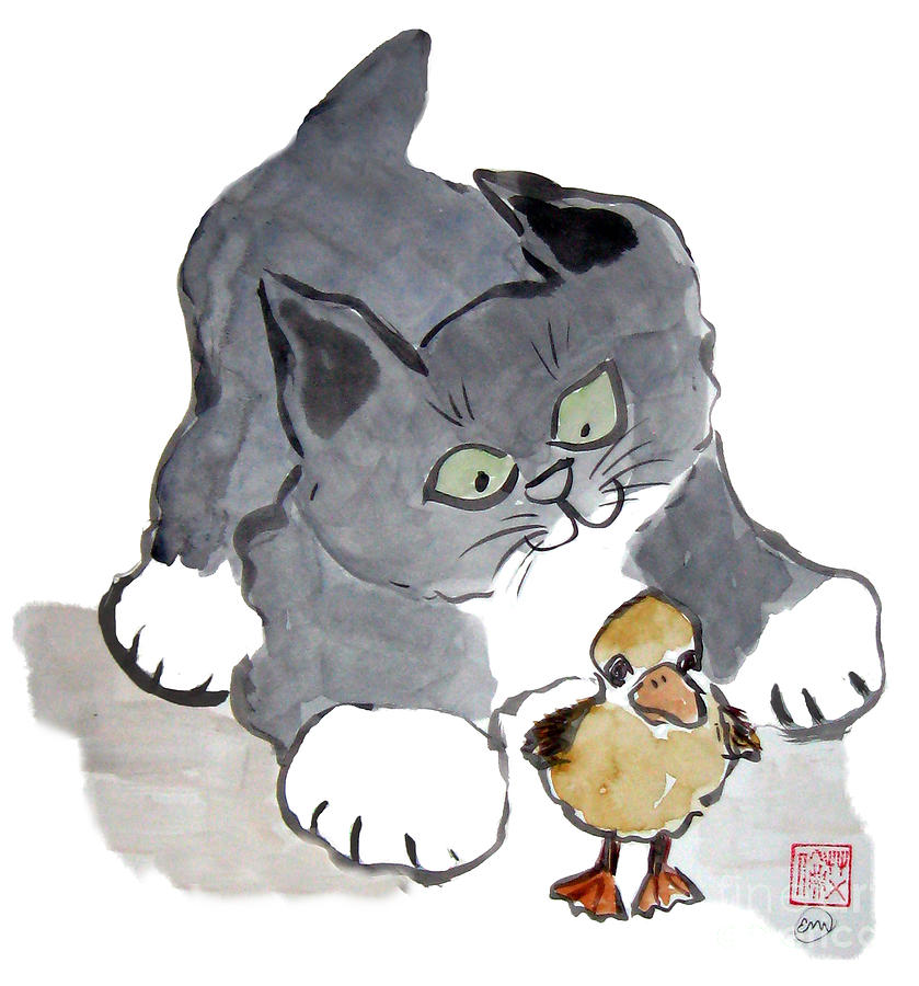 Lil Ducky anf Kitten Painting by Ellen Miffitt