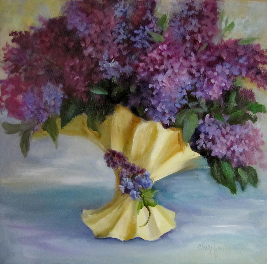 Lilac Bouquet in Vintage Vase Painting by Cheri Wollenberg