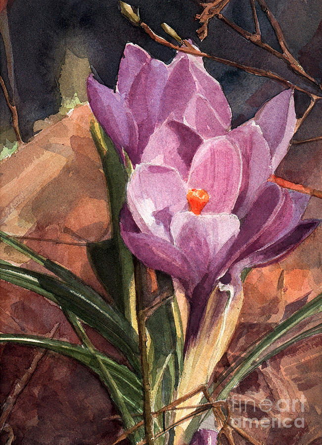 Watercolor of Lilac Crocuses Painting by Greta Corens