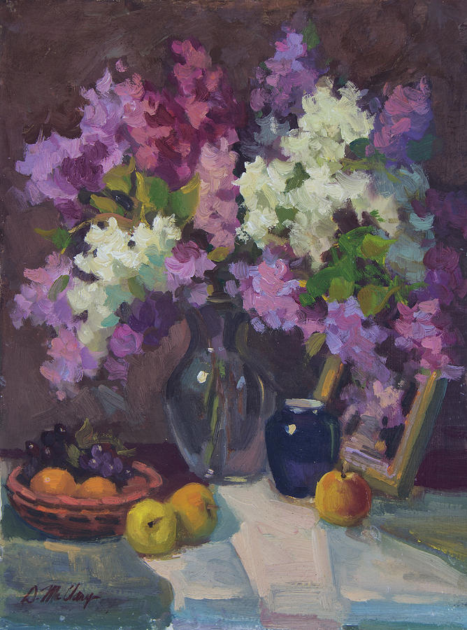 Lilacs and Blue Vase Painting by Diane McClary
