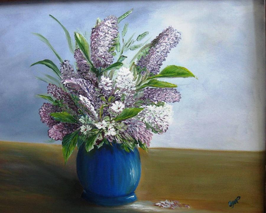 Lilacs In Blue Vase Painting By Bobby Perkins 