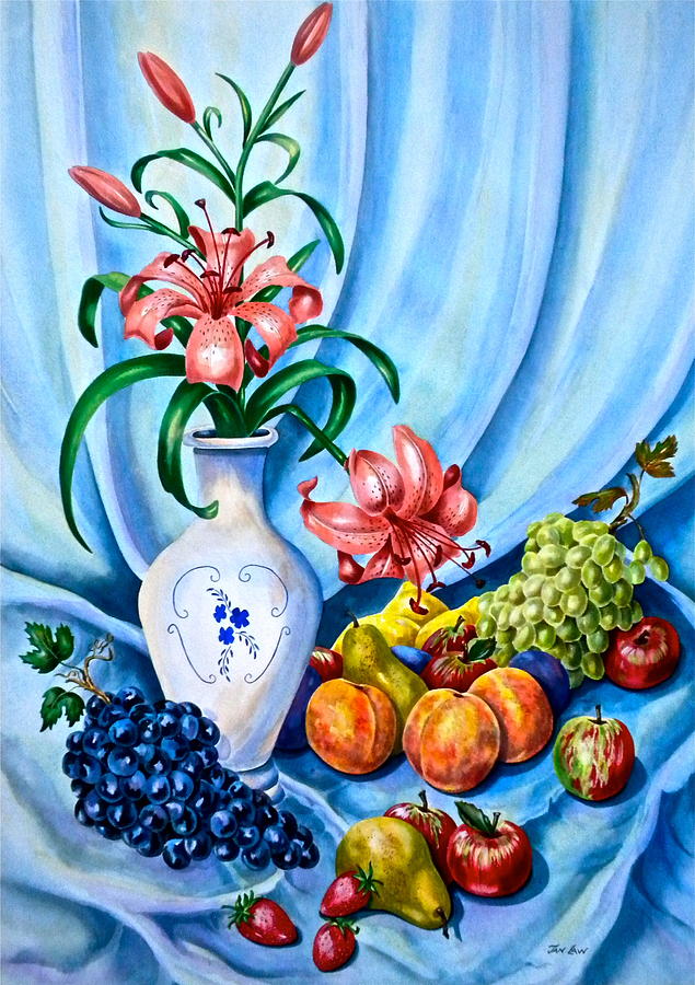 Lilies and Fruit Still Life Painting by Jan Law