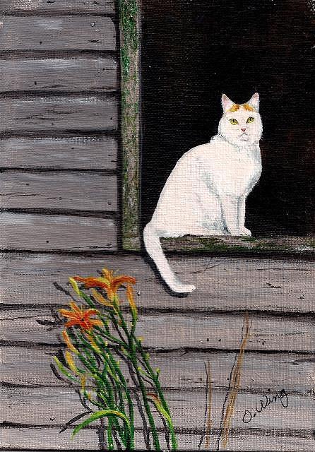 Lilies And Kitty Painting by Olga Wing