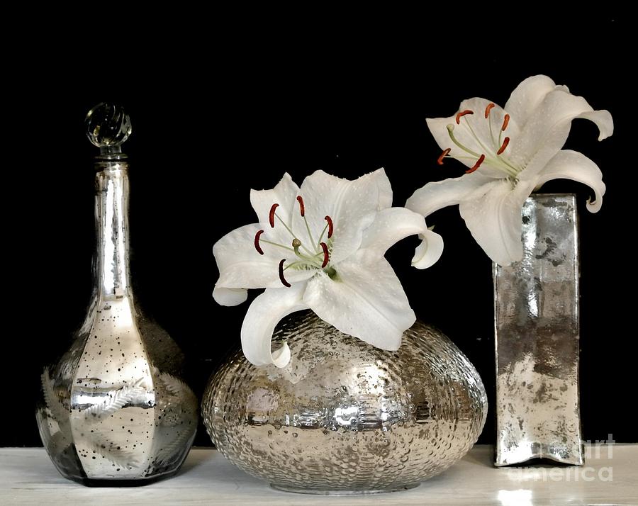 Digital Photograph - Lilies in Mercury Glass Vases by Marsha Heiken