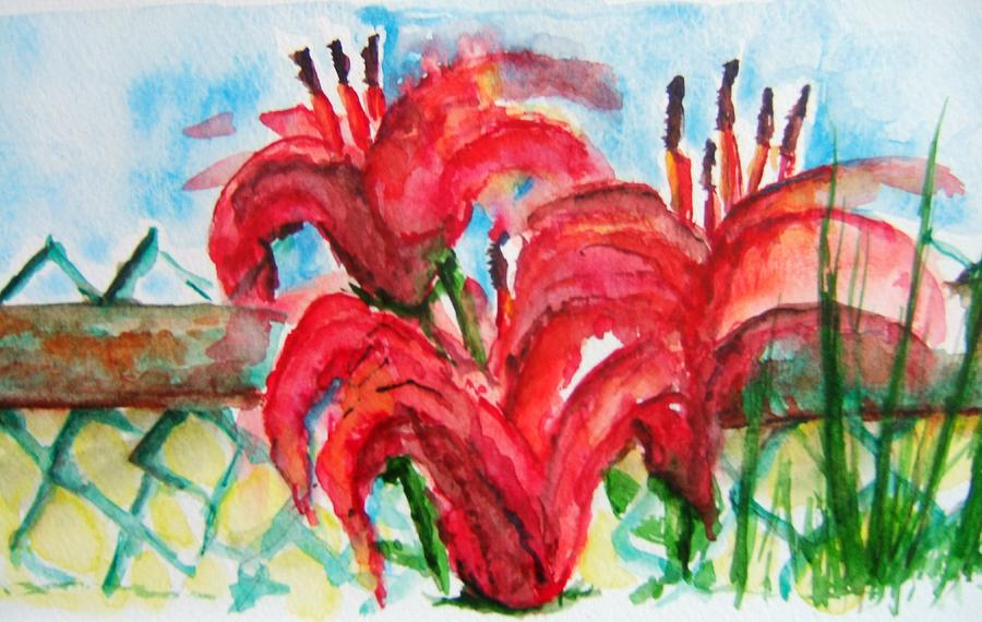 Lillies by the Fence Painting by Elaine Duras