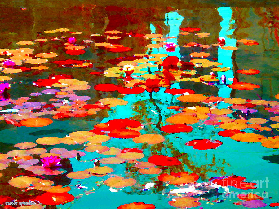 Lily Pads And Koi Colorful Water Garden In Bloom Waterlilies At The Lake Quebec Art Carole Spandau  Painting by Carole Spandau