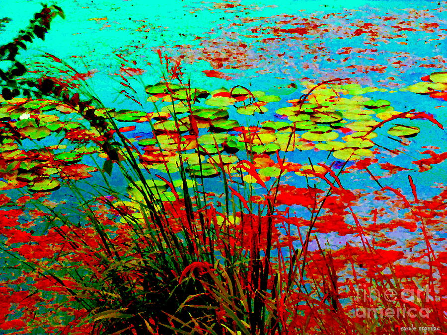 Lily Pads And Reeds Colorful Water Gardens Grasslands Along The Lachine Canal Quebec Carole Spandau Painting by Carole Spandau